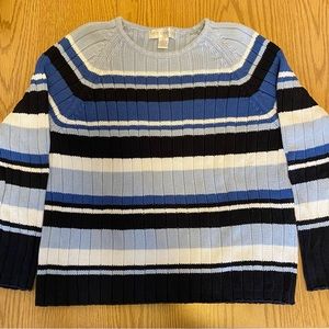 Petite Sophisticate pullover sweater, blue, black, and white. Size M